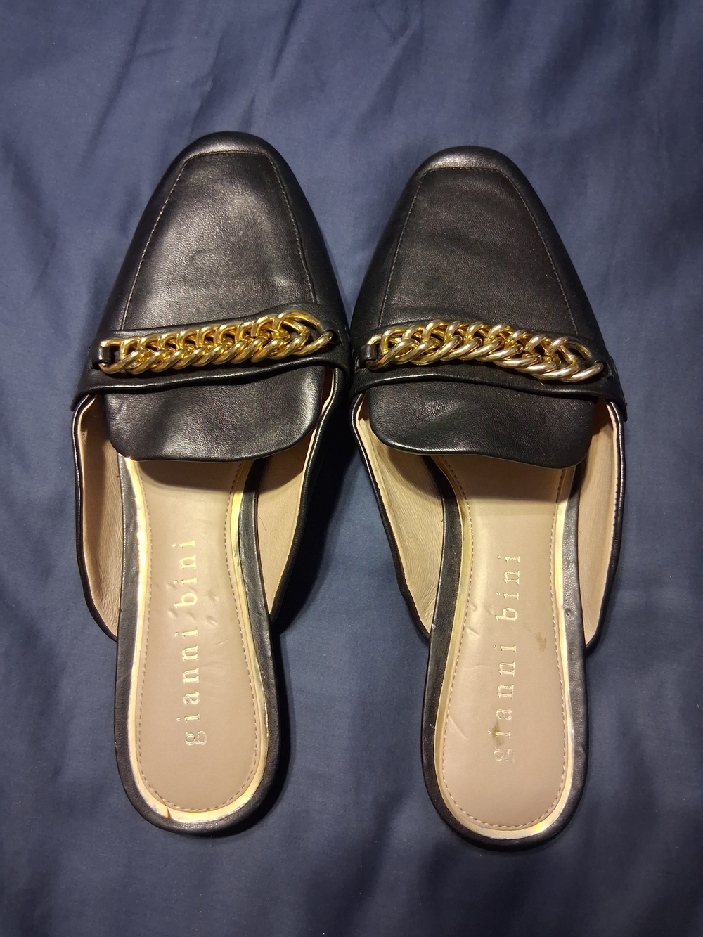 Gianni Bini Black Leather Chain-Trim Slip-On Mules